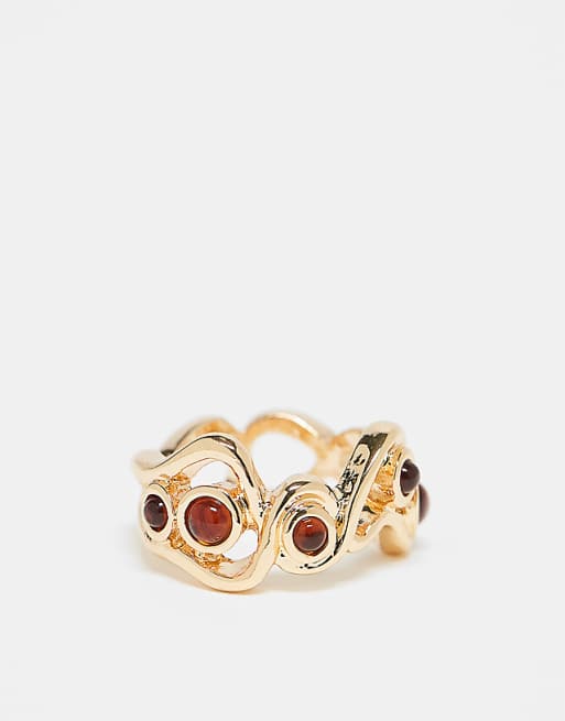 ASOS DESIGN ring with wavy design and faux-amber stone settings in gold tone