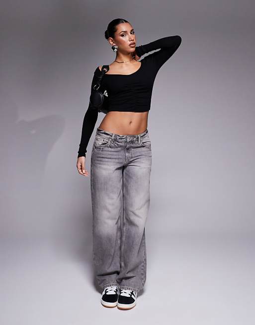 ASOS DESIGN Ruched V Front And Back Crop Top In Black