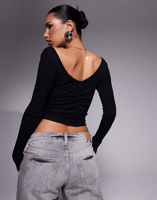 ASOS DESIGN Ruched V Front And Back Crop Top In Black