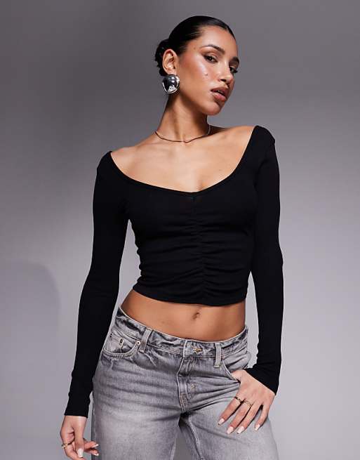 ASOS DESIGN ruched v front and back crop top in black