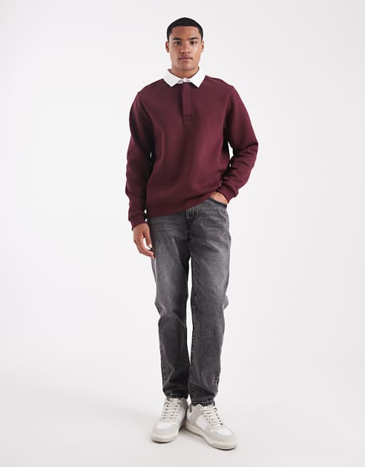 ASOS DESIGN Rugby Polo Sweatshirt With Contrast Collar In Burgundy
