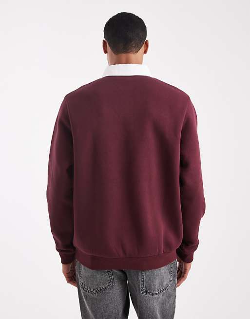 ASOS DESIGN Rugby Polo Sweatshirt With Contrast Collar In Burgundy