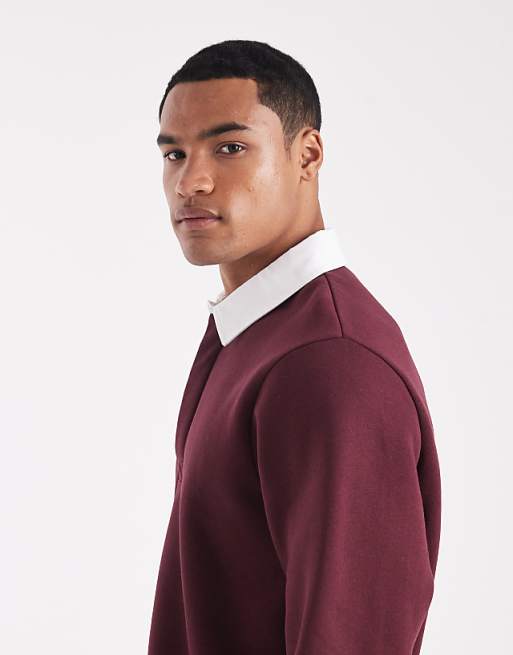ASOS DESIGN Rugby Polo Sweatshirt With Contrast Collar In Burgundy