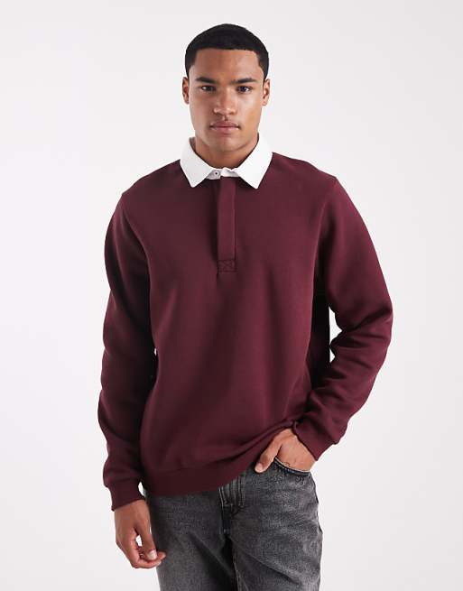 ASOS DESIGN rugby polo sweatshirt with contrast collar in burgundy