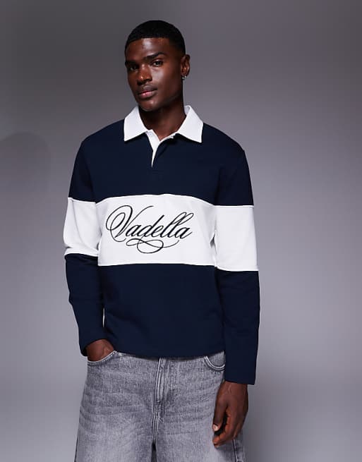 ASOS DESIGN rugby shirt with chest embroidery in navy