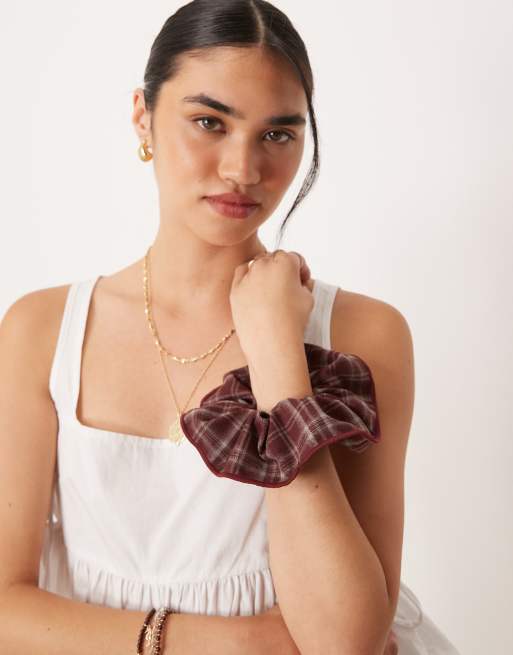 ASOS DESIGN Scrunchie In Red Tartan Check With Stitching Edge Detail