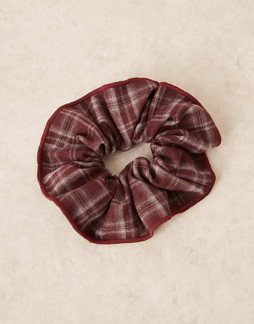 ASOS DESIGN scrunchie in red tartan check with stitching edge detail