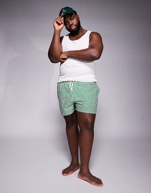 ASOS DESIGN Seersucker Stripe Swim Shorts In Short Length In Green