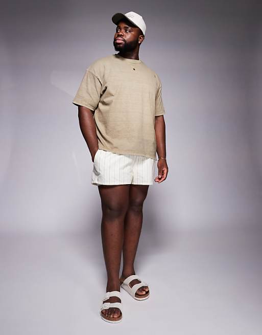 ASOS DESIGN Seersucker Stripe Swim Shorts In Super Short Length In Stone