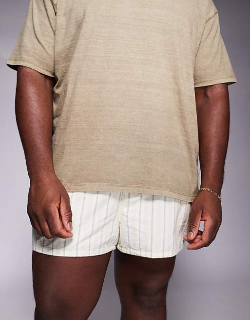 ASOS DESIGN Seersucker Stripe Swim Shorts In Super Short Length In Stone
