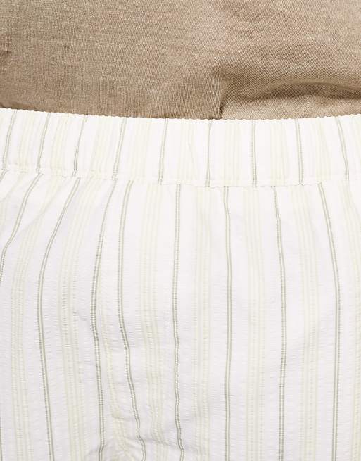 ASOS DESIGN Seersucker Stripe Swim Shorts In Super Short Length In Stone