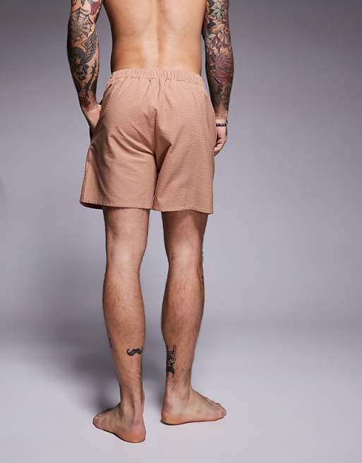 ASOS DESIGN Seersucker Swim Shorts In Mid Length In Brown