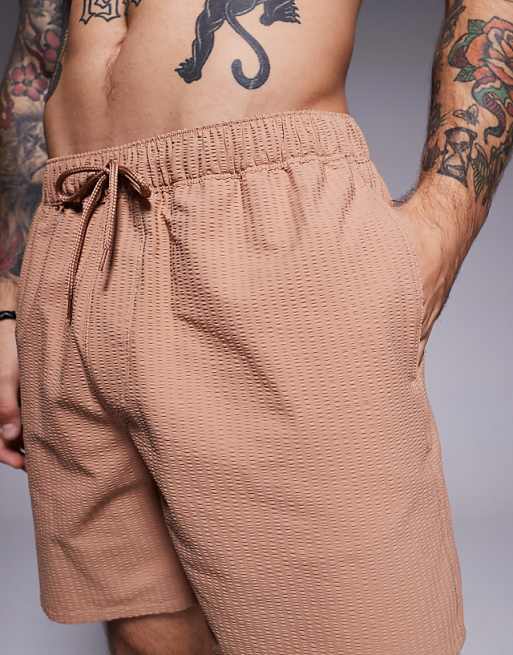ASOS DESIGN Seersucker Swim Shorts In Mid Length In Brown