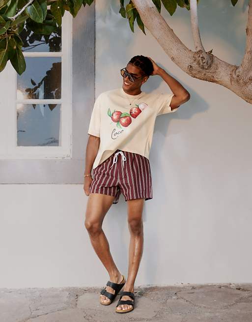 ASOS DESIGN Seersucker Swim Shorts In Short Length In Burgundy Stripe
