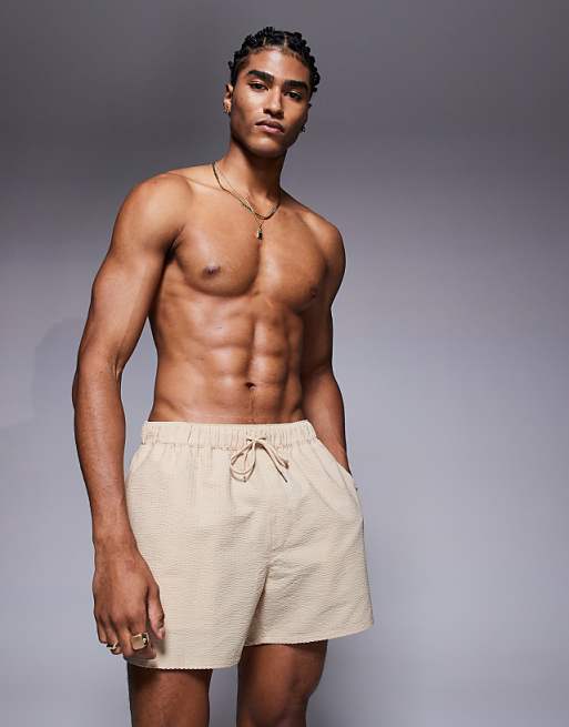 ASOS DESIGN Seersucker Swim Shorts In Short Length In Beige