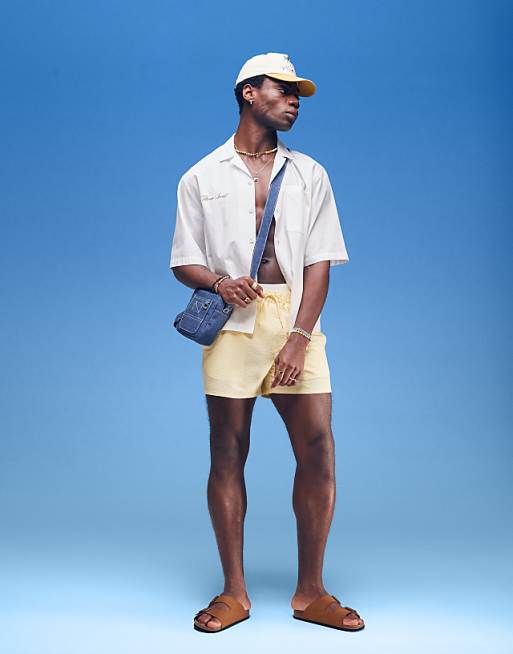 ASOS DESIGN Seersucker Swim Shorts In Short Length In Yellow