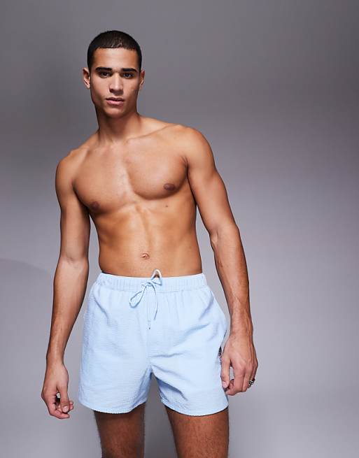 ASOS DESIGN Seersucker Swim Shorts In Short Length With Embroidery