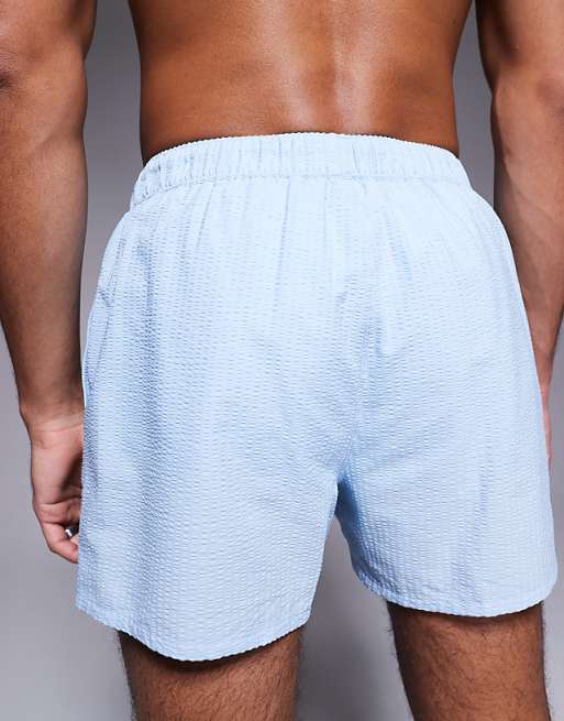 ASOS DESIGN Seersucker Swim Shorts In Short Length With Embroidery