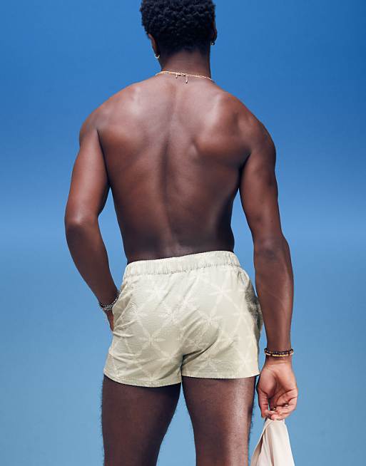 ASOS DESIGN Seersucker Swim Shorts In Super Short Length With Tonal Floral Print In Sage