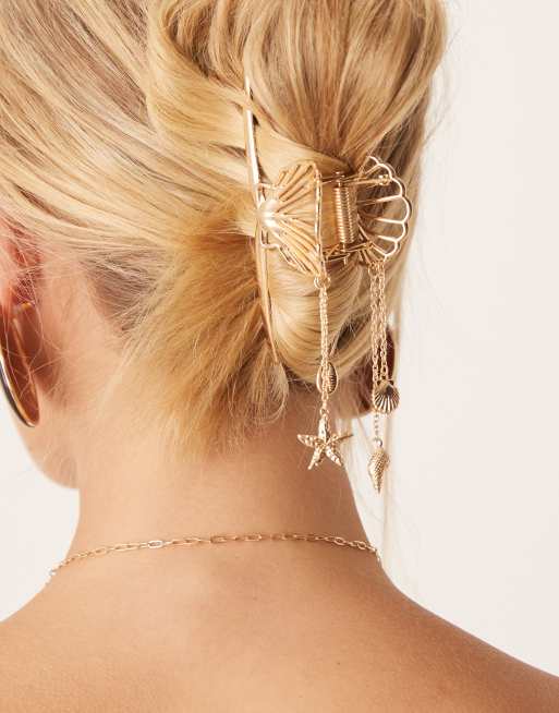 ASOS DESIGN Shell Design Hair Claw With Charms In Gold Tone