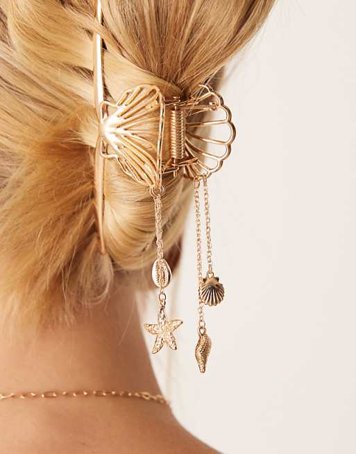 ASOS DESIGN shell design hair claw with charms in gold tone