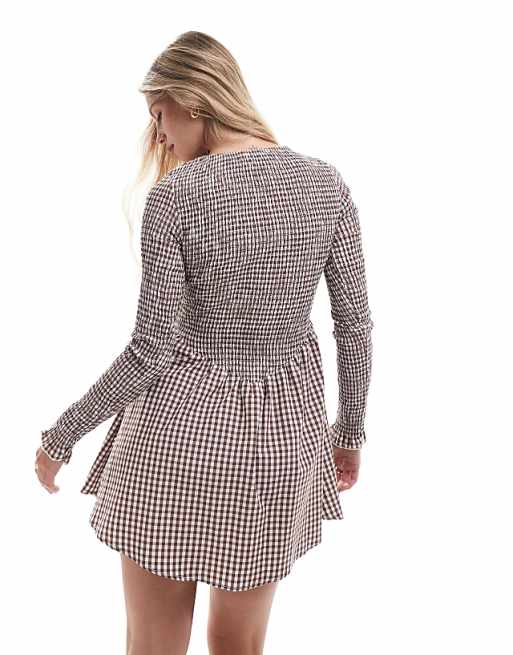 ASOS DESIGN Shirred Long Sleeve Mini Dress In Brown Gingham