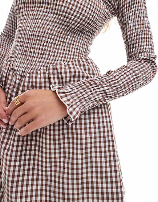 ASOS DESIGN Shirred Long Sleeve Mini Dress In Brown Gingham