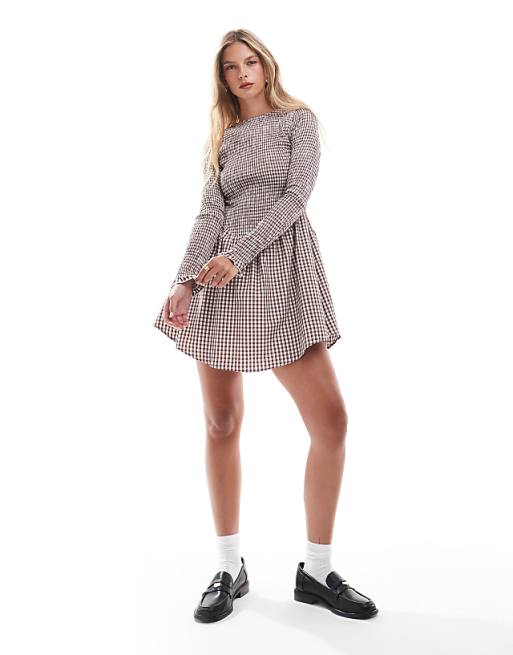 ASOS DESIGN Shirred Long Sleeve Mini Dress In Brown Gingham