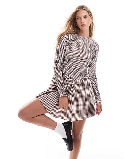 ASOS DESIGN shirred long sleeve mini dress in brown gingham
