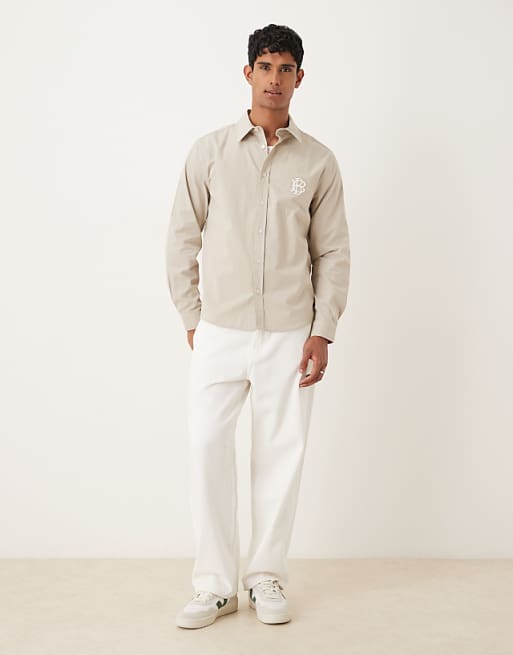 ASOS DESIGN Shirt With Chest Embroidery In Buttermilk Cotton Poplin