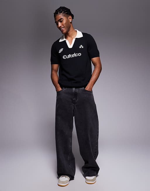 ASOS DESIGN Short Sleeve Knitted Polo With Sports Graphic In Black