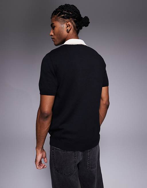 ASOS DESIGN Short Sleeve Knitted Polo With Sports Graphic In Black