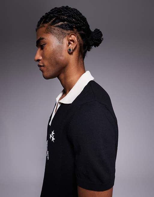 ASOS DESIGN Short Sleeve Knitted Polo With Sports Graphic In Black