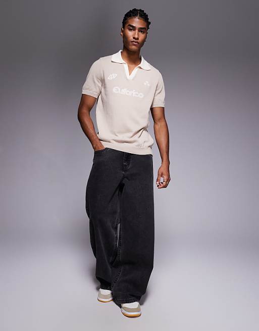 ASOS DESIGN Short Sleeve Knitted Polo With Sports Graphic In Stone