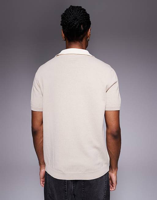 ASOS DESIGN Short Sleeve Knitted Polo With Sports Graphic In Stone