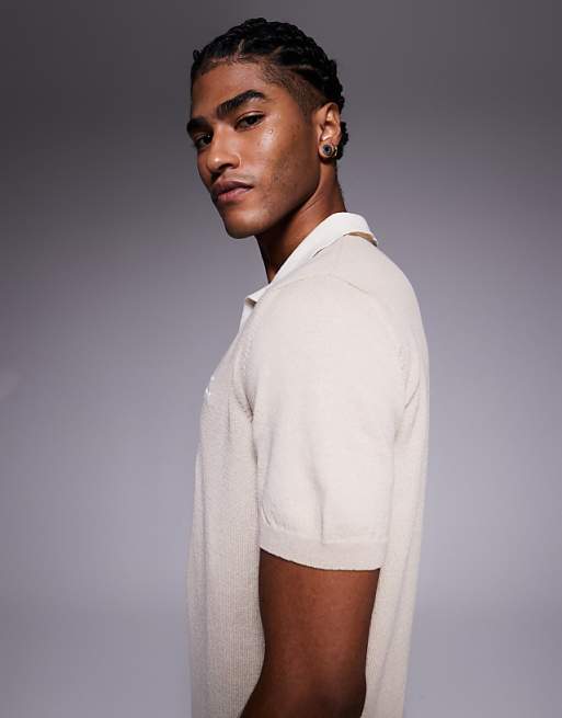 ASOS DESIGN Short Sleeve Knitted Polo With Sports Graphic In Stone