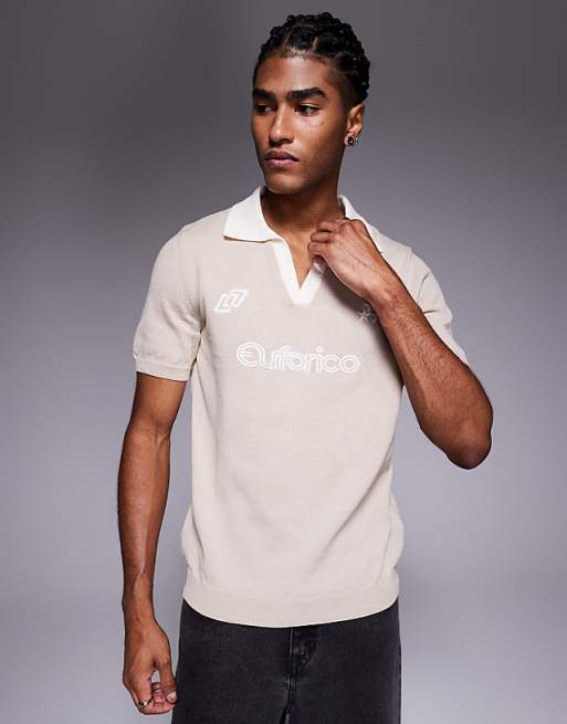 ASOS DESIGN short sleeve knitted polo with sports graphic in stone
