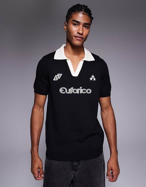 ASOS DESIGN short sleeve knitted polo with sports graphic in black