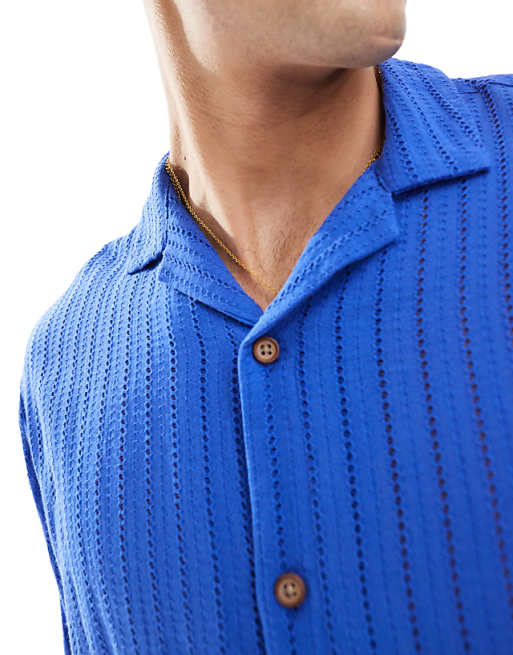 ASOS DESIGN Short Sleeve Oversized Revere Collar Textured Shirt In Cobalt Blue
