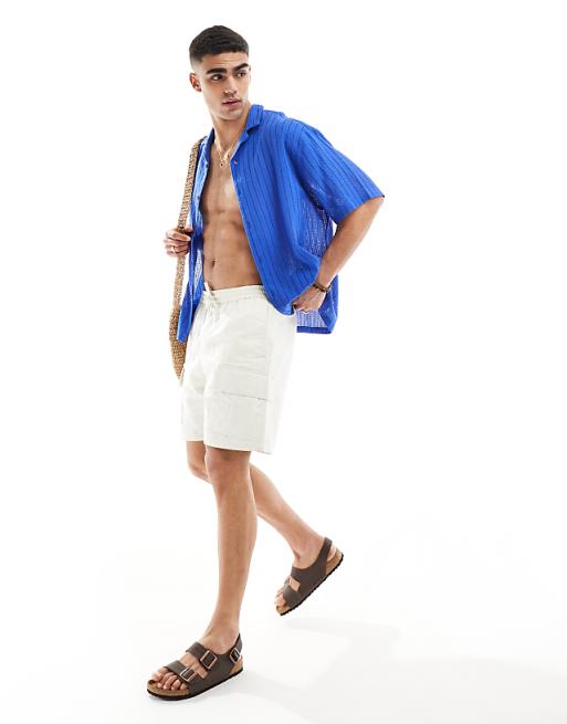 ASOS DESIGN Short Sleeve Oversized Revere Collar Textured Shirt In Cobalt Blue