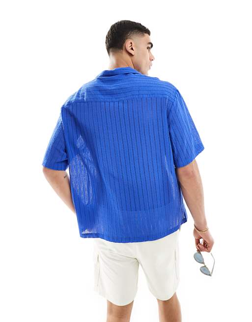 ASOS DESIGN Short Sleeve Oversized Revere Collar Textured Shirt In Cobalt Blue