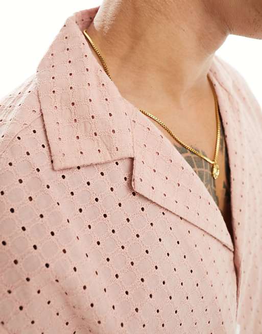 ASOS DESIGN Short Sleeve Relaxed Fit Revere Collar Broderie Shirt In Dusty Pink