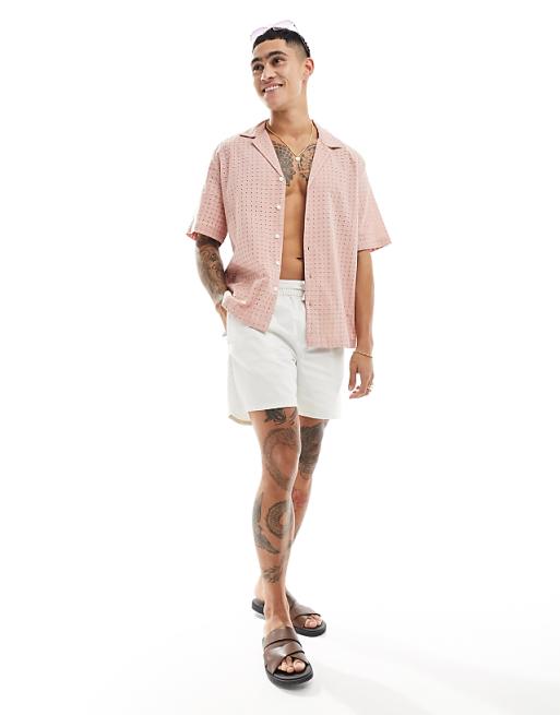 ASOS DESIGN Short Sleeve Relaxed Fit Revere Collar Broderie Shirt In Dusty Pink