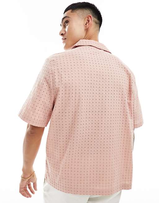 ASOS DESIGN Short Sleeve Relaxed Fit Revere Collar Broderie Shirt In Dusty Pink