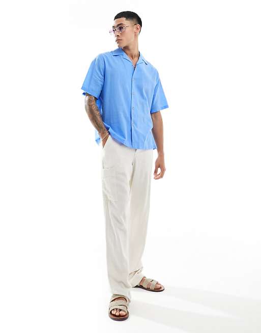 ASOS DESIGN Short Sleeve Relaxed Revere Collar Linen Look Shirt In Mid Blue