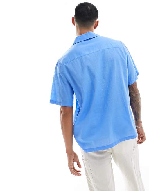 ASOS DESIGN Short Sleeve Relaxed Revere Collar Linen Look Shirt In Mid Blue