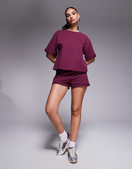 ASOS DESIGN short sleeve sweatshirt tee and short co ord in burgundy