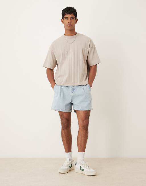 ASOS DESIGN Shorter Length Pleated Denim Short In Light Wash Blue