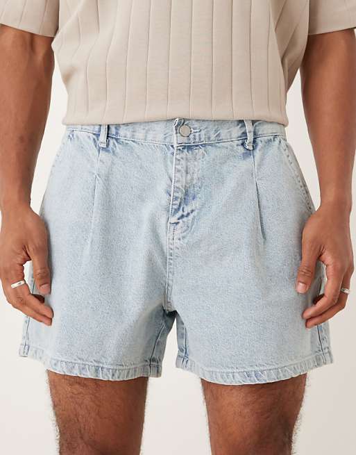 ASOS DESIGN Shorter Length Pleated Denim Short In Light Wash Blue