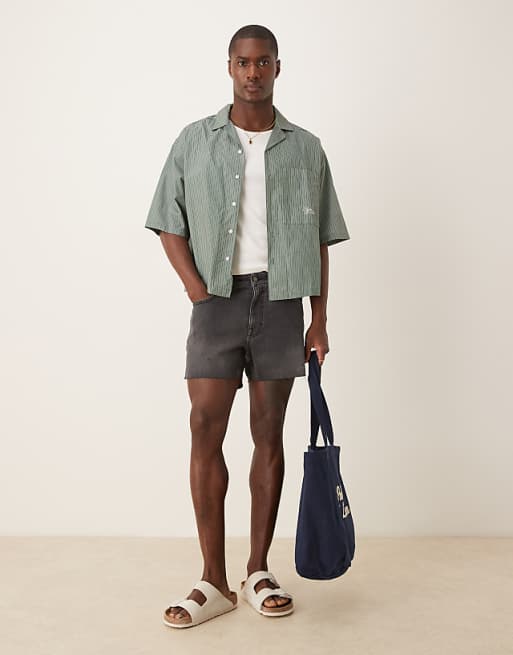 ASOS DESIGN Shorter Length Slim Denim Shorts With Rip Detail In Black